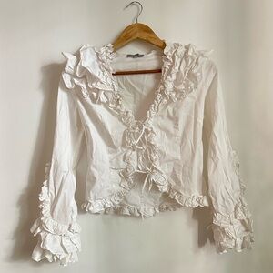 Vintage White Ruffled Tie Front Blouse 90s Long Sleeve V-Neck Shirt Medium S/M